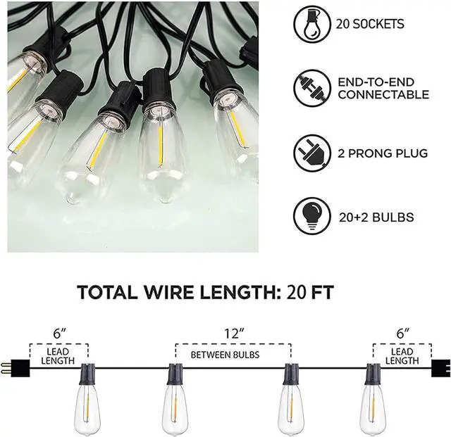 Alt view image 5 of 5 - Afirst Outdoor String Lights 20FT with 22 LED Bulbs(2 Spare) Waterproof Connectable Patio Lights for Outside Backyard Porch Lighting