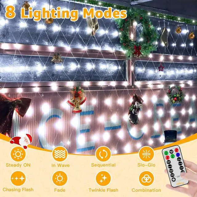 Alt view image 2 of 7 - Ollny Net Lights Outdoor Mesh Lights IP67 Waterproof, 210LED 10x7ft Cool White Christmas Net Lights, Connectable Remote 8 Modes Tree Light for Bushes Shrubs Lawn Indoor Decorations
