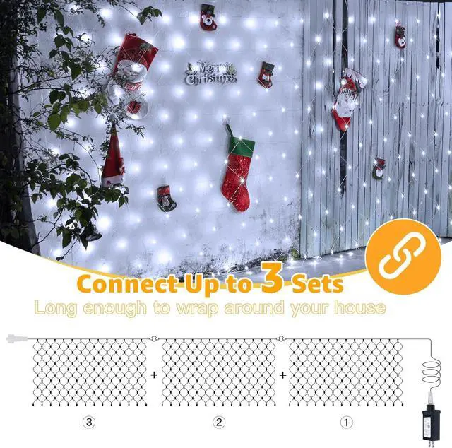 Alt view image 4 of 7 - Ollny Net Lights Outdoor Mesh Lights IP67 Waterproof, 210LED 10x7ft Cool White Christmas Net Lights, Connectable Remote 8 Modes Tree Light for Bushes Shrubs Lawn Indoor Decorations