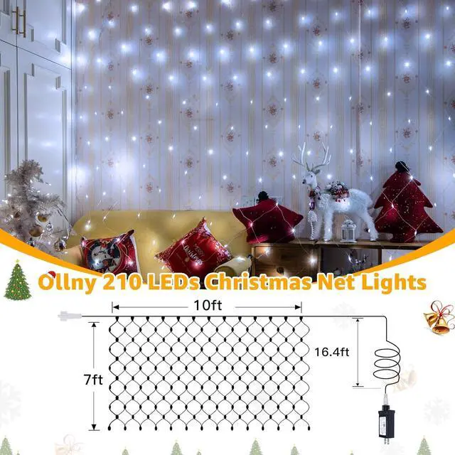 Alt view image 3 of 7 - Ollny Net Lights Outdoor Mesh Lights IP67 Waterproof, 210LED 10x7ft Cool White Christmas Net Lights, Connectable Remote 8 Modes Tree Light for Bushes Shrubs Lawn Indoor Decorations
