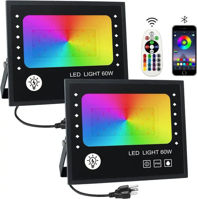 Main image of Led Flood Light 60W, 600W Equivalent 6000 LM Outdoor RGB FloodLight with Remote Control, Stage Light Landscape Lighting 16 Million Colors, DIY Scenes - Timing - Music Sync, 2700K & IP66 (2 Pack)
