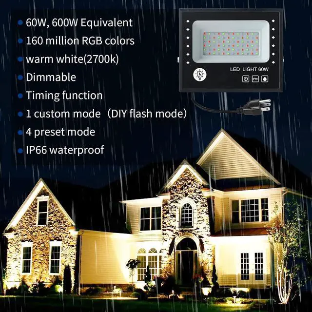 Alt view image 2 of 7 - Led Flood Light 60W, 600W Equivalent 6000 LM Outdoor RGB FloodLight with Remote Control, Stage Light Landscape Lighting 16 Million Colors, DIY Scenes - Timing - Music Sync, 2700K & IP66 (2 Pack)