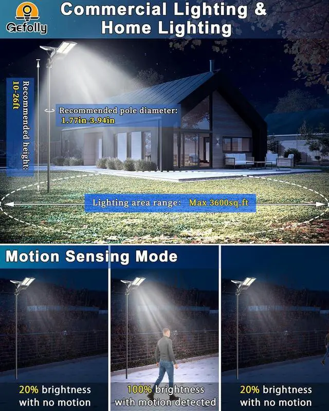 Alt view image 5 of 7 - Gefolly SL-9500W Solar Street Light Outdoor 600000LM Commercial Parking Lot Lights Dusk to Dawn 6500K Flood Security Light IP67 Lamp with Motion Sensor for Basketball Court, Yard, Road
