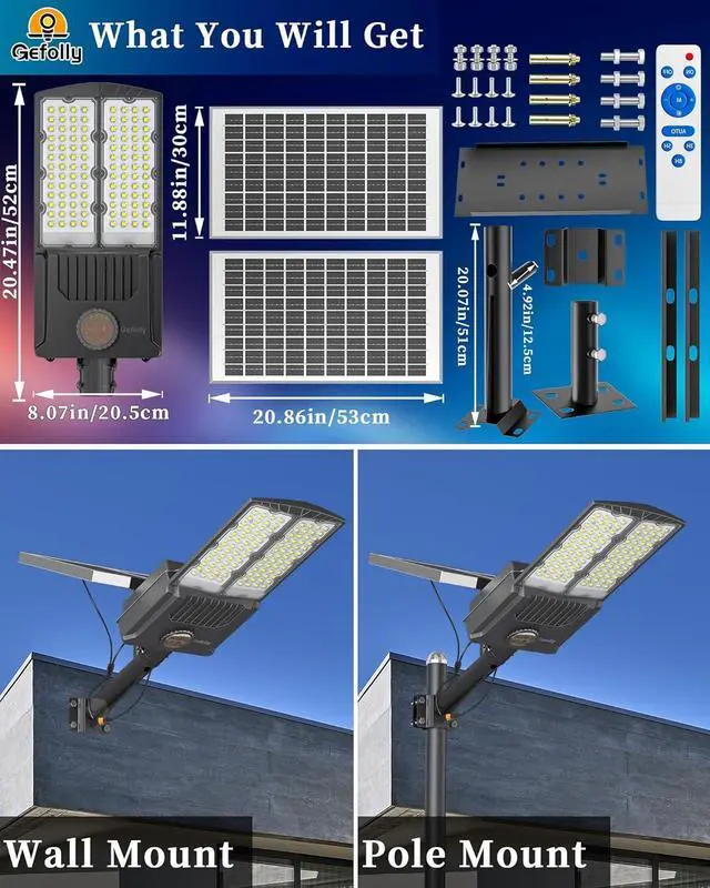 Alt view image 6 of 7 - Gefolly SL-9500W Solar Street Light Outdoor 600000LM Commercial Parking Lot Lights Dusk to Dawn 6500K Flood Security Light IP67 Lamp with Motion Sensor for Basketball Court, Yard, Road