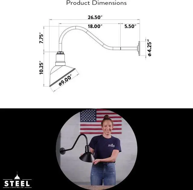 Alt view image 2 of 7 - Steel Lighting Co. Venice Store Sign Light | for Outdoor Restaurant Accent Wall | 9 inch Dome | 23 inch Gooseneck | Made in America | Matte Black Exterior/White Interior