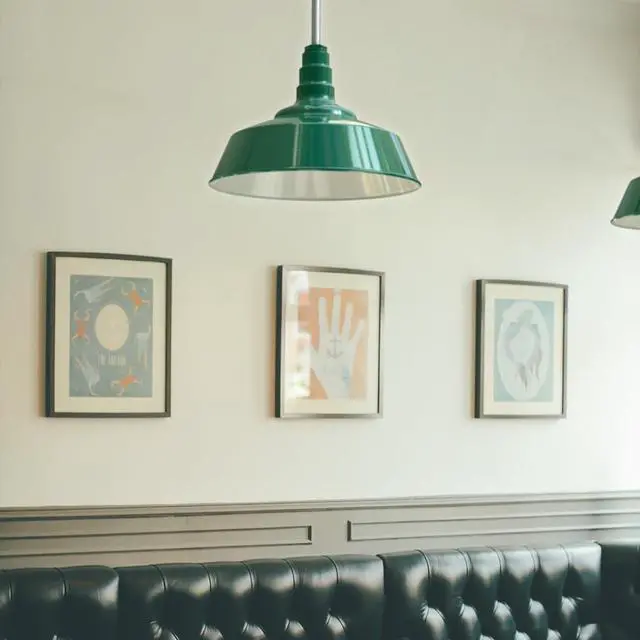 Alt view image 7 of 7 - Steel Lighting Co. Manhattan Warehouse Light | Ceiling Mounted Pendant | 20 inch Dome | 12 inch Stem | Large Steel Barn Light Made in America | Green Exterior/White Interior