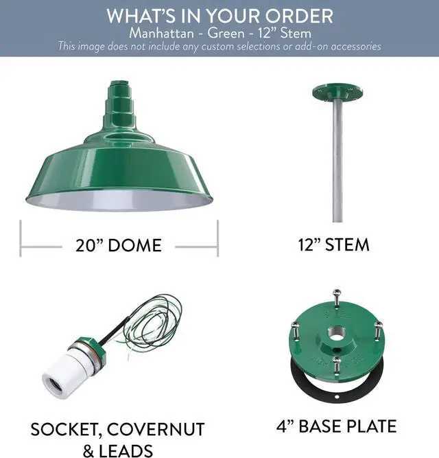 Alt view image 6 of 7 - Steel Lighting Co. Manhattan Warehouse Light | Ceiling Mounted Pendant | 20 inch Dome | 12 inch Stem | Large Steel Barn Light Made in America | Green Exterior/White Interior