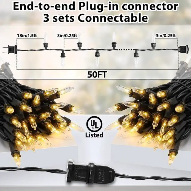 Alt view image 2 of 7 - Clear Christmas Lights 50FT 200 Count Incandescent Bulbs Warm White Mini Lights with Black Wire for Christmas Tree, Garland, Wedding, Party, Home, Indoor & Outdoor Festival Decoration