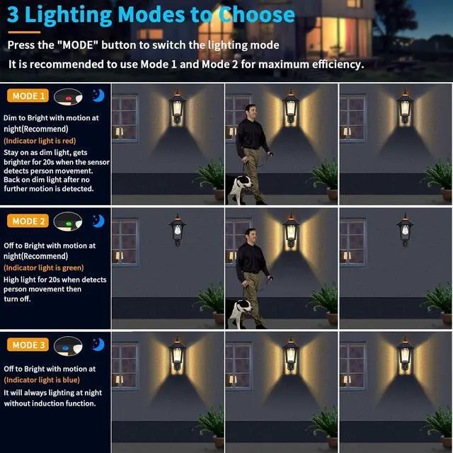 Alt view image 3 of 7 - Aqonsie Solar Porch Lights Outdoor with 3 Lighting Modes & Motion Sensing, Elegant Solar Barn Lights Outdoor Waterproof Solar Wall Sconce Lights, Solar Lanterns for Barn Shed Yard Garage Chicken Coop