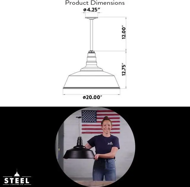 Alt view image 2 of 7 - Steel Lighting Co. Manhattan Warehouse Light | Ceiling Mounted Pendant | 20 inch Dome | 12 inch Stem | Large Steel Barn Light Made in America | Green Exterior/White Interior