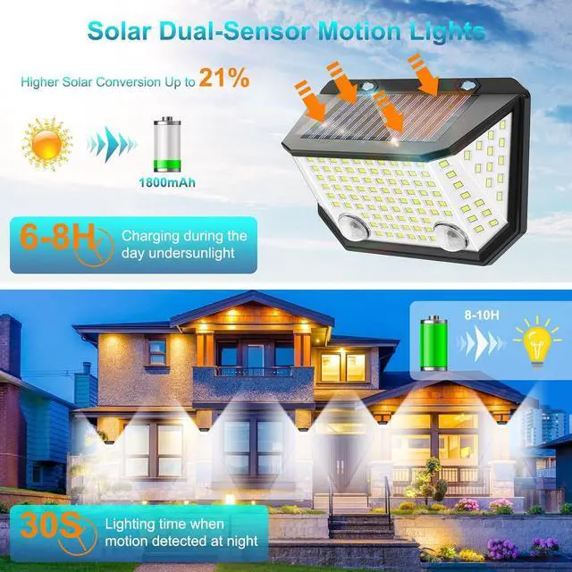 Alt view image 3 of 7 - Kasonic Solar Lights Outdoor, 122 LEDs Motion Sensor Lights with 300° Wide Angle, Ultra-Bright Solar Security Wall Lights for Outside Garden Patio Fence Stairway, Cool White-2 Pack
