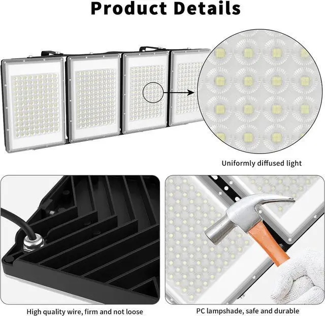Alt view image 3 of 7 - 800W LED Flood Light Outdoor, 80000lm 6000K Daylight White IP66 Waterproof, Commercial Parking Lot Light,4 Heads for Street Stadium House Floodlight Bright Security Lights for Outdoor Area