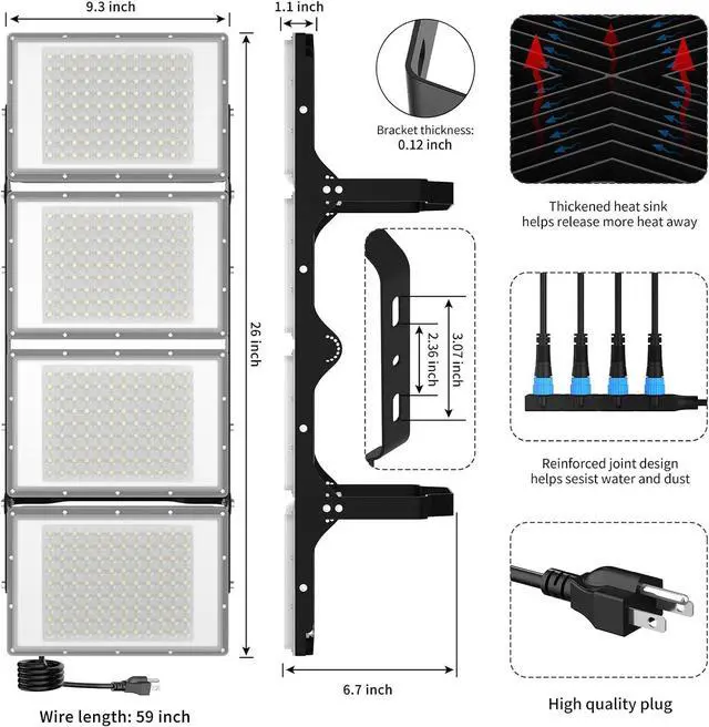 Alt view image 5 of 7 - 800W LED Flood Light Outdoor, 80000lm 6000K Daylight White IP66 Waterproof, Commercial Parking Lot Light,4 Heads for Street Stadium House Floodlight Bright Security Lights for Outdoor Area