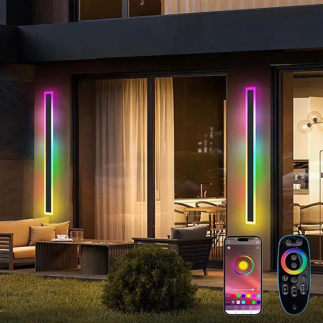 Main image of Outdoor RGB Long Wall Lights, 23.6inch 2 Pack RGB/Warm/White Dimmable Modern Led Wall Lighting, Ip65 Waterproof Long Wall Sconce with Remote and APP Control for Outdoor/Indoor