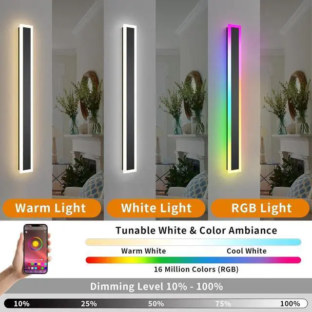 Alt view image 2 of 7 - Outdoor RGB Long Wall Lights, 23.6inch 2 Pack RGB/Warm/White Dimmable Modern Led Wall Lighting, Ip65 Waterproof Long Wall Sconce with Remote and APP Control for Outdoor/Indoor