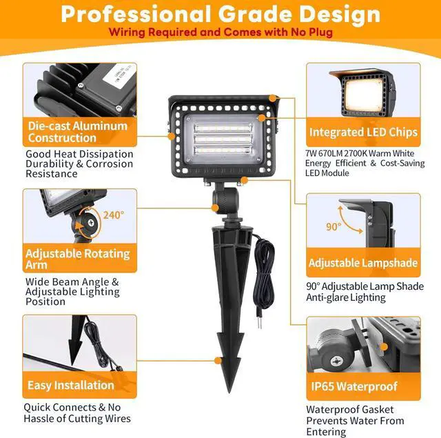 Alt view image 6 of 7 - Low Voltage LED Flood Light - 7W Landscape Wall Wash Light, 12V Outdoor IP65 Waterproof Angle Adjustable, Warm White Wide Beam Hardwired Aluminum Brown for Garden Yard Patio House