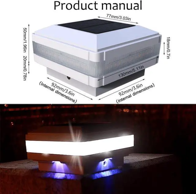 Alt view image 5 of 7 - Sumaote Solar Post Cap Light, 52 LEDs 160 Lumen 4x4 Solar Post Lights IP65 Waterproof for 4x4 Wooden Posts, 6000K White LED Lighting, Outdoor Fence Deck Patio Decor, White Shell, 4 Pack