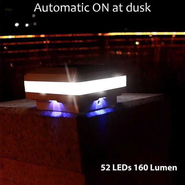 Alt view image 7 of 7 - Sumaote Solar Post Cap Light, 52 LEDs 160 Lumen 4x4 Solar Post Lights IP65 Waterproof for 4x4 Wooden Posts, 6000K White LED Lighting, Outdoor Fence Deck Patio Decor, White Shell, 4 Pack