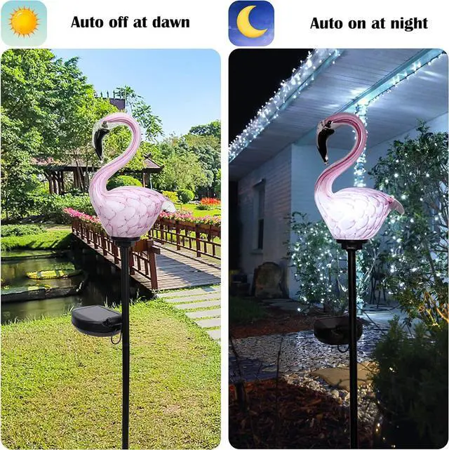 Alt view image 3 of 7 - Afirst Solar Outdoor Lights Decorative - Solar Garden Stake Lights Flamingo Handblown Glass Stake Garden Pathway Light Outdoor Waterproof Glass Stakes for Pathway Yard Lawn Decoration