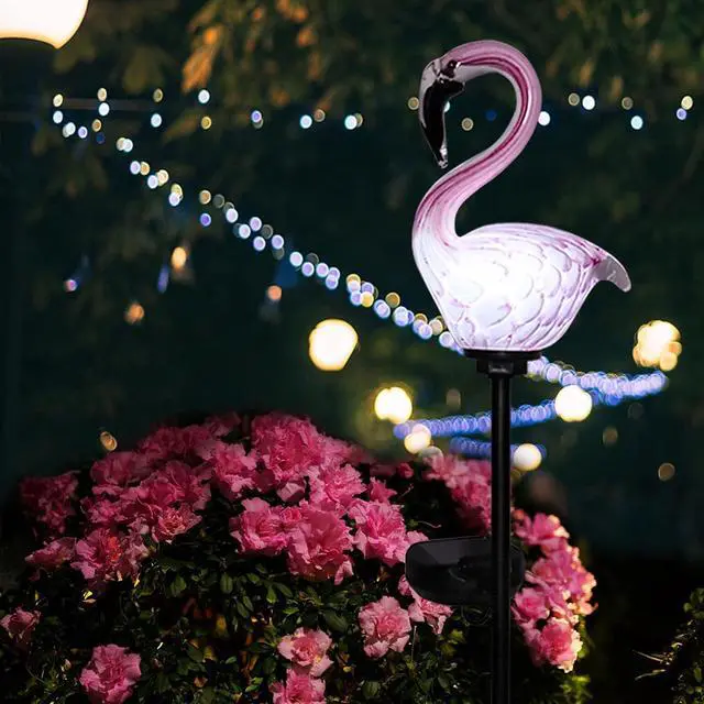 Alt view image 5 of 7 - Afirst Solar Outdoor Lights Decorative - Solar Garden Stake Lights Flamingo Handblown Glass Stake Garden Pathway Light Outdoor Waterproof Glass Stakes for Pathway Yard Lawn Decoration
