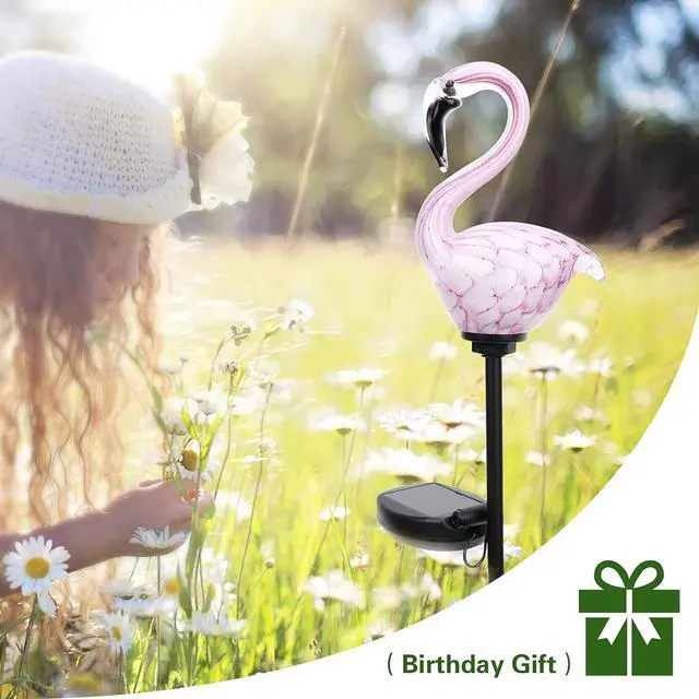 Alt view image 6 of 7 - Afirst Solar Outdoor Lights Decorative - Solar Garden Stake Lights Flamingo Handblown Glass Stake Garden Pathway Light Outdoor Waterproof Glass Stakes for Pathway Yard Lawn Decoration