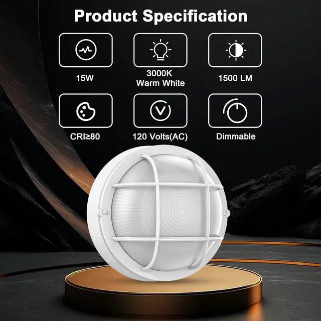 Alt view image 2 of 7 - Faymart 8" Bulkhead LED Light White Round, Nautical Outdoor Wall Light, 3000K, 1500LM, 15W, Waterproof, Rust-Proof, Modern White Round Bulkhead Light