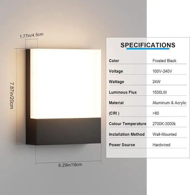 Alt view image 7 of 7 - 2-Pack Modern Outdoor LED Wall Light,24W 3000K Wall Porch&Patio Light,IP65 Led Exterior Wall Lights Fixtures,Low Profile Wall Sconce for House Yard Garage Walkway Garden(Black)