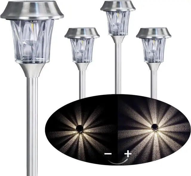 Main image of Solar Pathway Lights Outdoor Waterproof, 4 Pack Glass & Stainless Steel Stake Lights with Projection, Dual Brightness 12/25 Lumens Warm White 3000K, Auto On/Off Landscape Lighting for Garden, Patio