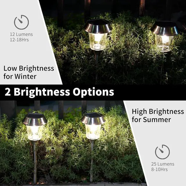 Alt view image 2 of 7 - Solar Pathway Lights Outdoor Waterproof, 4 Pack Glass & Stainless Steel Stake Lights with Projection, Dual Brightness 12/25 Lumens Warm White 3000K, Auto On/Off Landscape Lighting for Garden, Patio