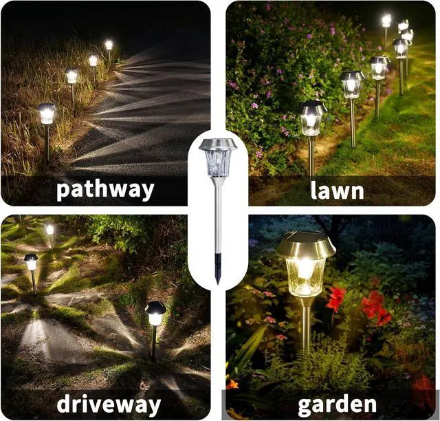 Alt view image 5 of 7 - Solar Pathway Lights Outdoor Waterproof, 4 Pack Glass & Stainless Steel Stake Lights with Projection, Dual Brightness 12/25 Lumens Warm White 3000K, Auto On/Off Landscape Lighting for Garden, Patio