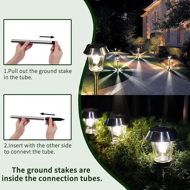 Alt view image 7 of 7 - Solar Pathway Lights Outdoor Waterproof, 4 Pack Glass & Stainless Steel Stake Lights with Projection, Dual Brightness 12/25 Lumens Warm White 3000K, Auto On/Off Landscape Lighting for Garden, Patio