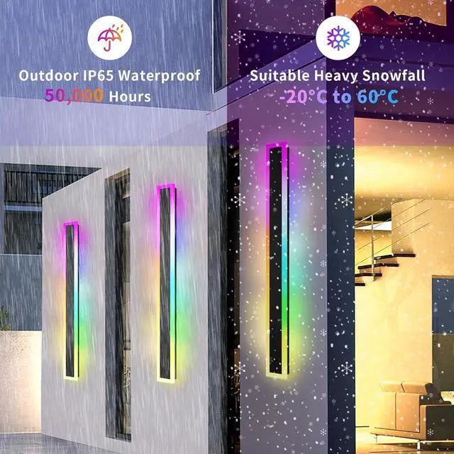 Alt view image 4 of 7 - Outdoor RGB Long Wall Lights, 23.6inch 2 Pack RGB/Warm/White Dimmable Modern Led Wall Lighting, Ip65 Waterproof Long Wall Sconce with Remote and APP Control for Outdoor/Indoor
