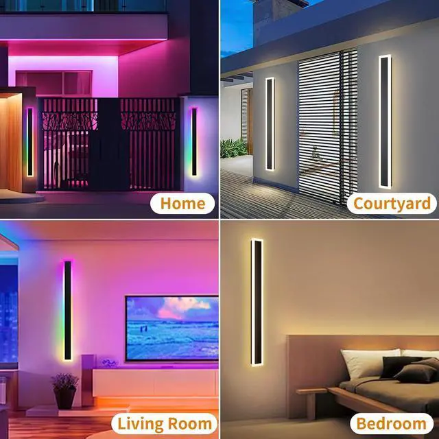 Alt view image 5 of 7 - Outdoor RGB Long Wall Lights, 23.6inch 2 Pack RGB/Warm/White Dimmable Modern Led Wall Lighting, Ip65 Waterproof Long Wall Sconce with Remote and APP Control for Outdoor/Indoor