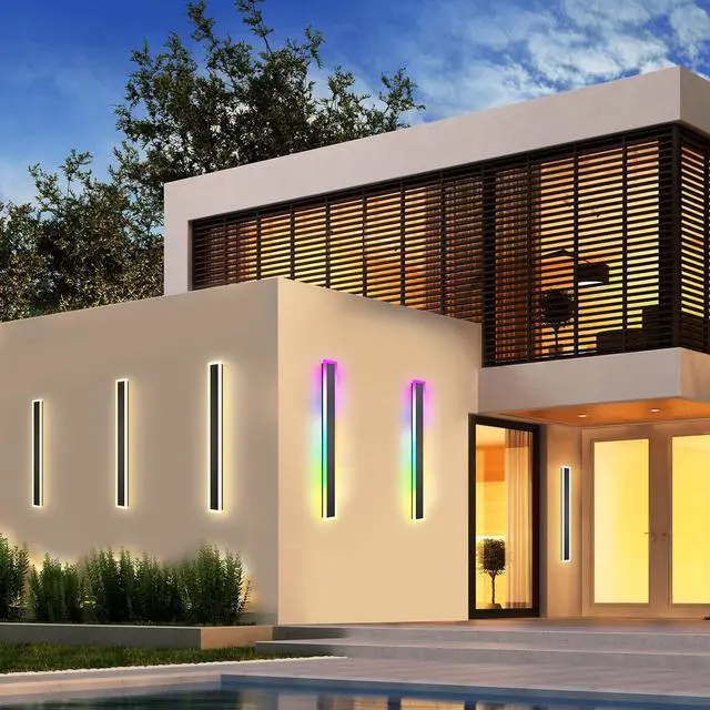 Alt view image 7 of 7 - Outdoor RGB Long Wall Lights, 23.6inch 2 Pack RGB/Warm/White Dimmable Modern Led Wall Lighting, Ip65 Waterproof Long Wall Sconce with Remote and APP Control for Outdoor/Indoor