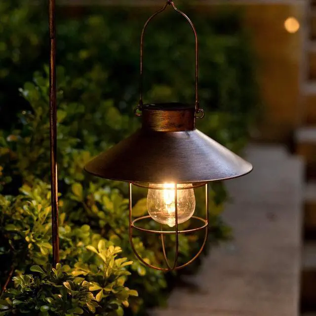 Main image of HUYIENO 2Pack Solar Metal Hanging Lantern with Shepherd Hook Outdoor Led Garden Lights Brushed Copper
