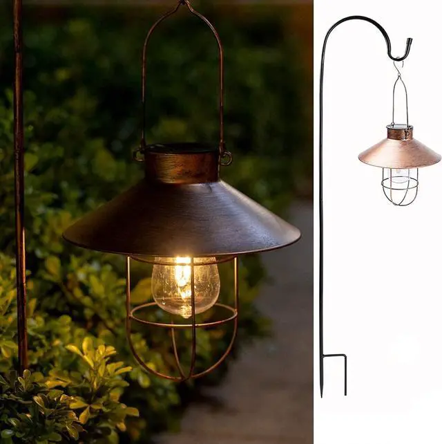 Alt view image 2 of 6 - HUYIENO 2Pack Solar Metal Hanging Lantern with Shepherd Hook Outdoor Led Garden Lights Brushed Copper