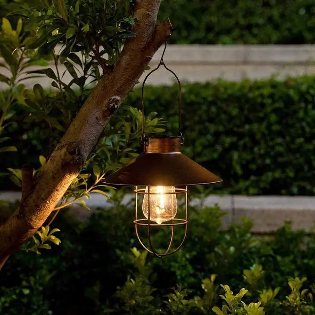 Alt view image 4 of 6 - HUYIENO 2Pack Solar Metal Hanging Lantern with Shepherd Hook Outdoor Led Garden Lights Brushed Copper