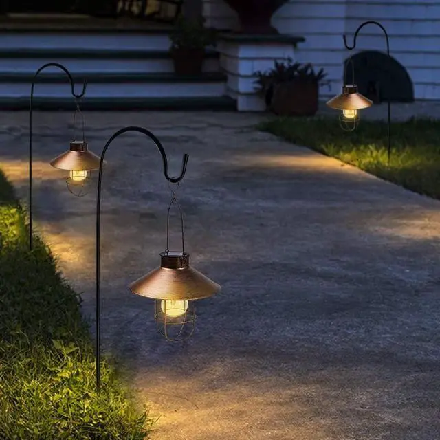 Alt view image 6 of 6 - HUYIENO 2Pack Solar Metal Hanging Lantern with Shepherd Hook Outdoor Led Garden Lights Brushed Copper