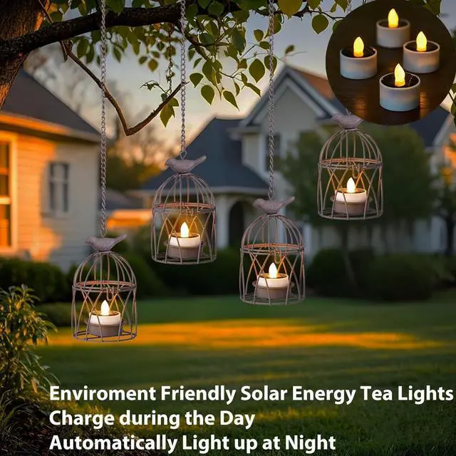 Alt view image 4 of 7 - Solar Lanterns Outdoor Waterproof, Rust Iron Cage Candle Holder with Flickering Solar Powered Tea Lights, Hanging Solar Lights for Outside Tree Backyard Patio Garden Fence Decoration-4Pack