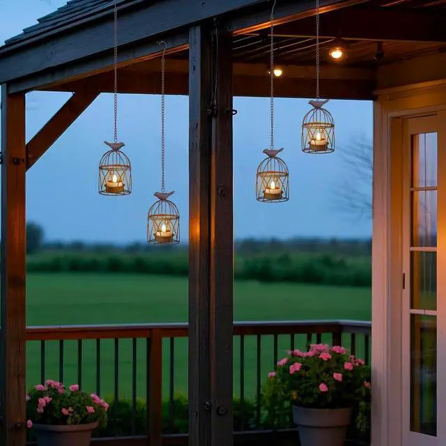 Alt view image 6 of 7 - Solar Lanterns Outdoor Waterproof, Rust Iron Cage Candle Holder with Flickering Solar Powered Tea Lights, Hanging Solar Lights for Outside Tree Backyard Patio Garden Fence Decoration-4Pack