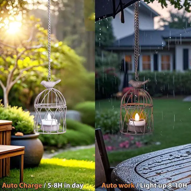 Alt view image 5 of 7 - Solar Lanterns Outdoor Waterproof, Rust Iron Cage Candle Holder with Flickering Solar Powered Tea Lights, Hanging Solar Lights for Outside Tree Backyard Patio Garden Fence Decoration-4Pack