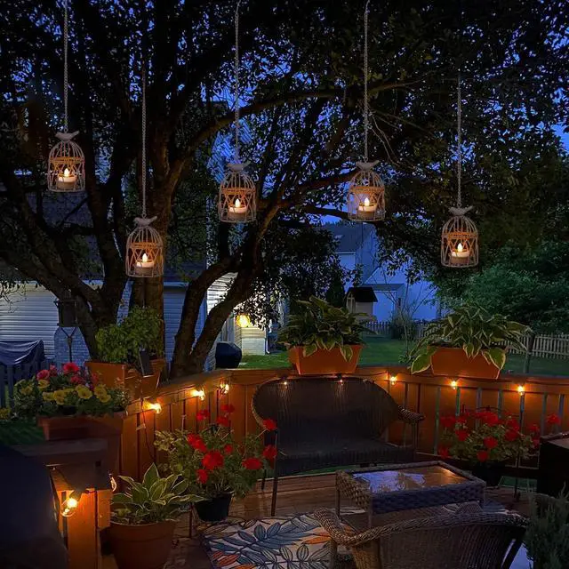 Alt view image 7 of 7 - Solar Lanterns Outdoor Waterproof, Rust Iron Cage Candle Holder with Flickering Solar Powered Tea Lights, Hanging Solar Lights for Outside Tree Backyard Patio Garden Fence Decoration-4Pack