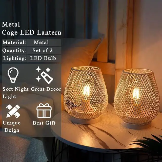 Alt view image 3 of 7 - JHY DESIGN Set of 2 Metal Cage LED Lanterns Battery Powered Cordless Accent Light with LED Great for Weddings Parties Patio Events for Indoors Outdoors(White)