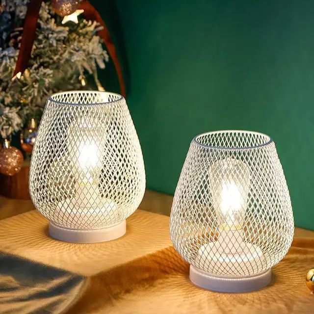Alt view image 6 of 7 - JHY DESIGN Set of 2 Metal Cage LED Lanterns Battery Powered Cordless Accent Light with LED Great for Weddings Parties Patio Events for Indoors Outdoors(White)