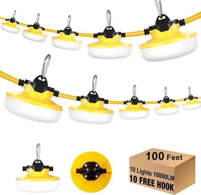 Main image of LED Construction String Light 100FT, 130W 16000Lm Industrial LED String Work Lights with 10 Bulbs, Linkable 5000K Super Bright Temporary Lighting for Construction Site, Job Site, Work Site