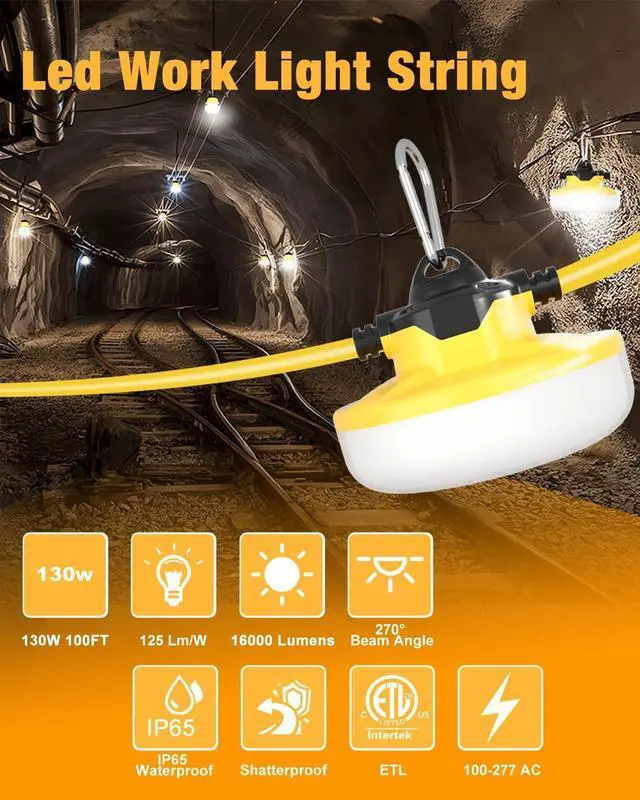 Alt view image 2 of 7 - LED Construction String Light 100FT, 130W 16000Lm Industrial LED String Work Lights with 10 Bulbs, Linkable 5000K Super Bright Temporary Lighting for Construction Site, Job Site, Work Site