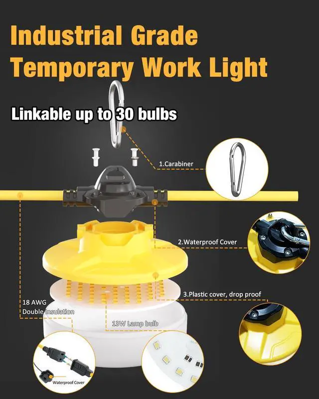 Alt view image 3 of 7 - LED Construction String Light 100FT, 130W 16000Lm Industrial LED String Work Lights with 10 Bulbs, Linkable 5000K Super Bright Temporary Lighting for Construction Site, Job Site, Work Site