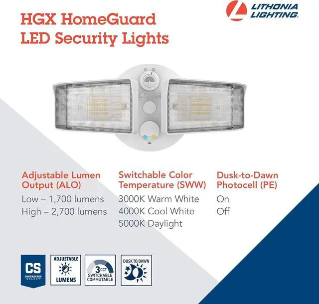 Alt view image 3 of 7 - Lithonia Lighting HGX LED 2SH ALO SWW2 120 PE WH M2 HomeGuard LED Outdoor Security Floodlight, Adjustable Light Output, Switchable CCT, Photocell, 2-Lights, White