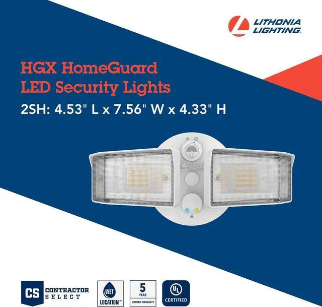 Alt view image 4 of 7 - Lithonia Lighting HGX LED 2SH ALO SWW2 120 PE WH M2 HomeGuard LED Outdoor Security Floodlight, Adjustable Light Output, Switchable CCT, Photocell, 2-Lights, White