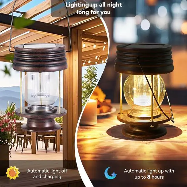 Alt view image 2 of 7 - Solar Lanterns Outdoor - 2 Pack Hanging Solar Lights for Outside, Waterproof Outdoor Garden Lanterns Lamp Vintage Design for Landscape Yard Pathway Beach Pavilion Table Decoration (Warm Lights)
